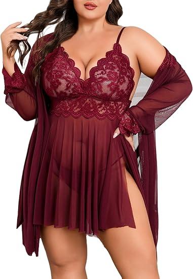 Avidlove Plus Size Lingerie Sexy Lingerie Set Women's Exotic Nightgowns Lace Chemise Lingerie Side Slit Nightdress Size 3XL, Dark Red