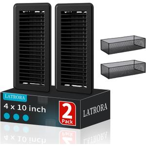 2 Pack Floor Register 4 x 10'', Floor Vent Cover with Air Vent Filter Mesh Catcher, Adjustable Heater Vent Covers for Walking, Premium Metal, Black
