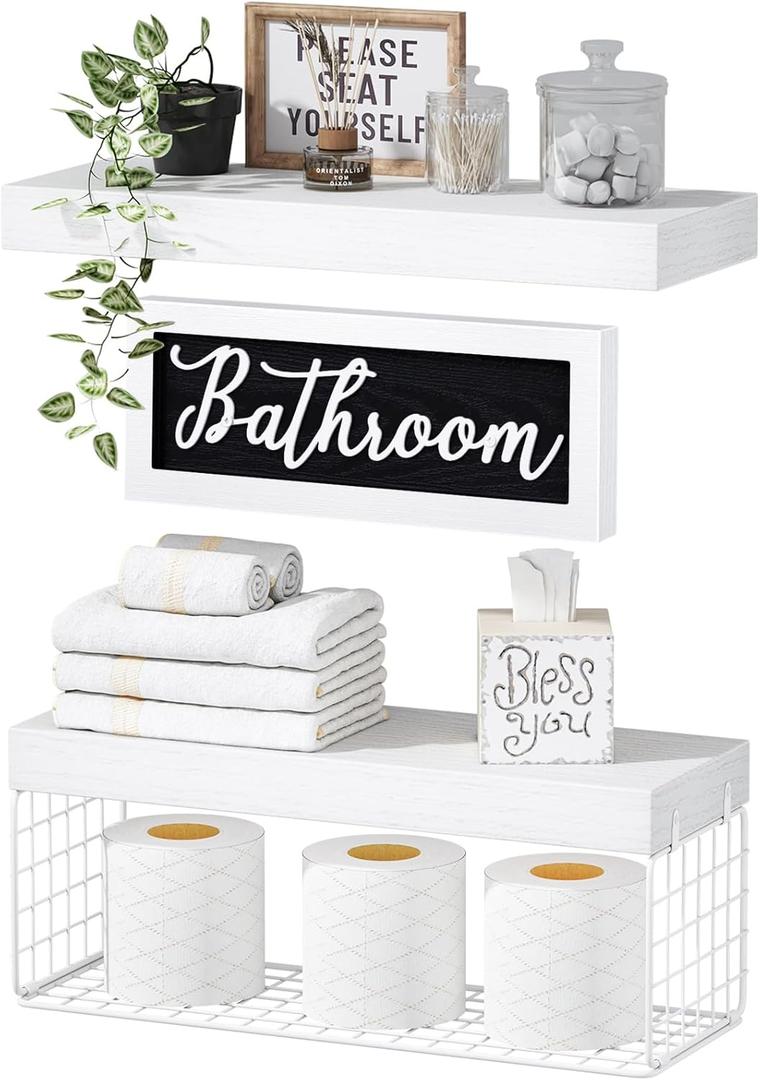 QEEIG Bathroom Shelves Over Toilet - Paper Storage Wall Mounted Farmhouse Decor Decorations Aesthetic Décor Sign Small Floating Shelf 2+1 Set 16 inch, White (020WW)