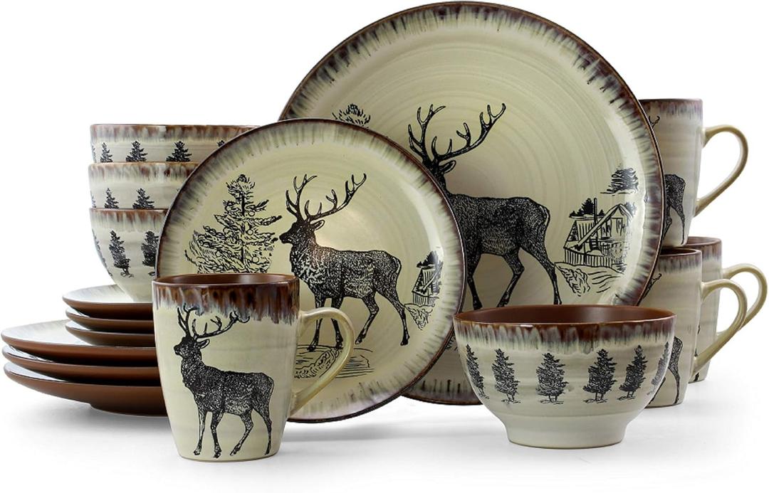Elama Majestic Elk 16 Piece Round Stoneware Dinnerware Set in Taupe (Elk Design with Warm Taupe and Brown Accents)