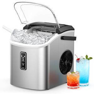 EUHOMY Countertop Ice Maker with Carry Handle, 26lbs/24H, 9 Cubes Ready in 6 Mins, Self-Cleaning, Portable Ice Maker Machine with Basket and Scoop, 2 Sizes of Bullet Ice for Home, Kitchen, Office (Silver)