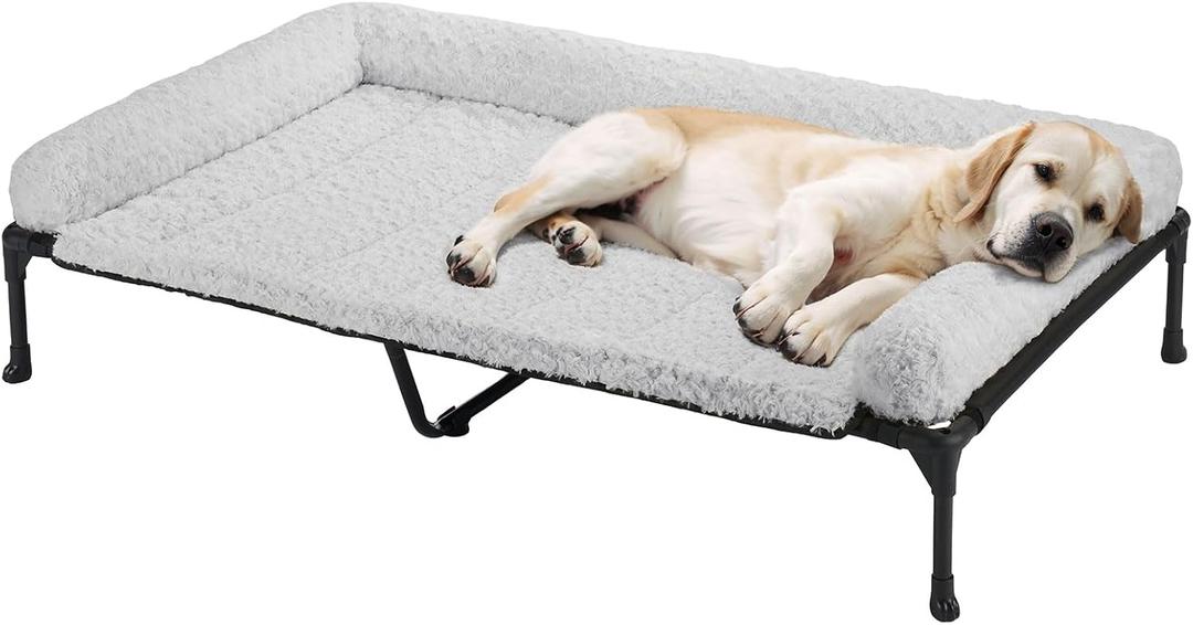Veehoo Cooling Elevated Dog Bed Add Removable Deluxe Rose Plush Bolster Cushion Mat, 53" x 33" Washable Dog Couch Bed, Raised Pet Cot with Breathable Teslin Mesh, No-Slip Feet, Grey, CWC2439B, XL