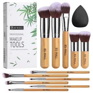 BS-MALL Makeup Brush Set 11Pcs Bamboo Synthetic Kabuki Brush Set Foundation Powder Blending Concealer Eye shadows Blush Cosmetics Brushes with Travel Organizer Bag & Makeup Sponge