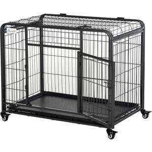 PawHut Folding Design Heavy Duty Metal Dog Cage Crate & Kennel with Removable Tray and Cover, & 4 Locking Wheels, Indoor/Outdoor 37"