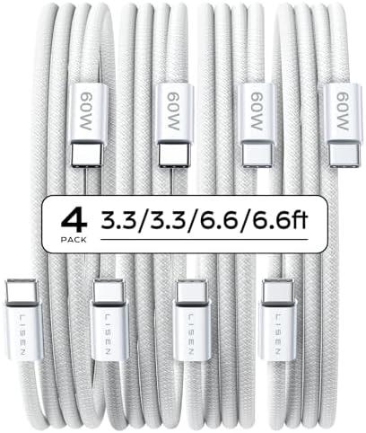 LISEN 60W C to Type C Charger Fast Charging [3.3ft/3Pack],USB-C to USB-C Cable 48 Strand Nylon Braided Colorful Compatible for Samsung Galaxy S23 S22, Android Auto USB to USB C Cable