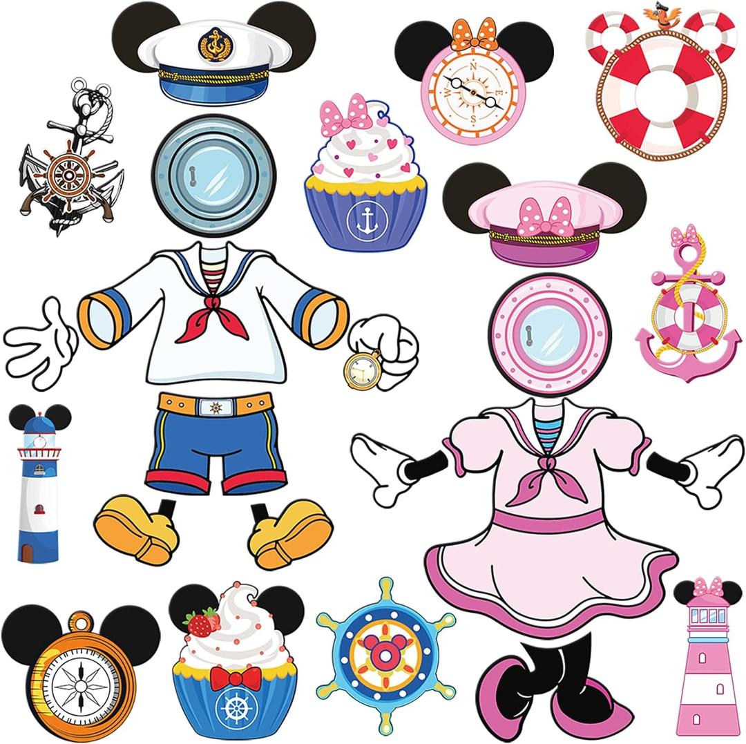 Mouse Cruise Door Decorations - 24 Pcs Large Ship Cabin Magnet Stickers Cute Blue Pink Mice Captain Sea Navigation Car Anchor Magnetic Decor for Holiday Carnival Party Stateroom Refrigerator (Dress Up)