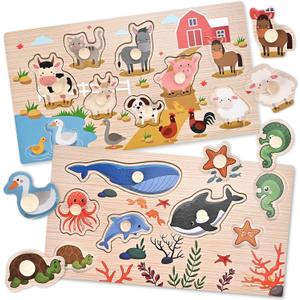 Wooden Peg Puzzles for Toddlers 1-3, 2 Pcs Montessori Puzzles, Animal & Sea Themes Puzzles, Great Preschool Educational Learning Gifts for Girls and Boys