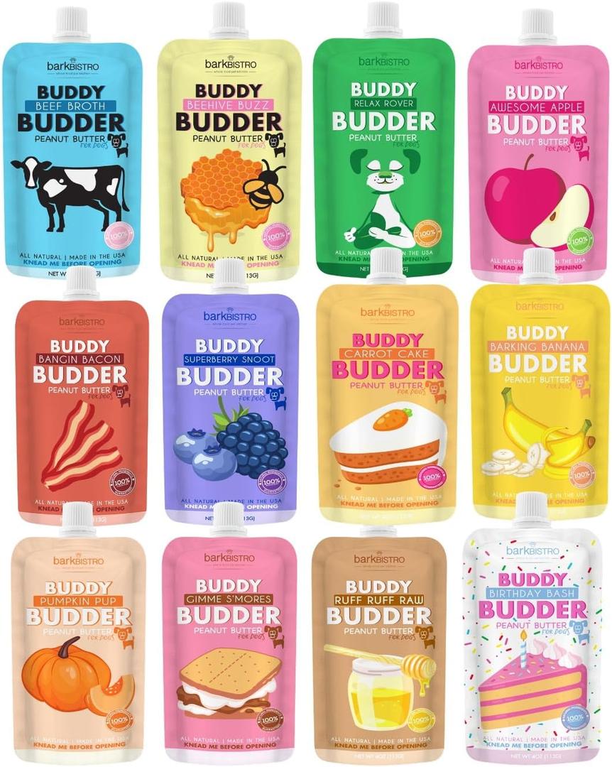 BUDDY BUDDER 12pk Variety Pack Squeeze Pack 100% All Natural Peanut Butter for Dogs (EXP 12/31/27)