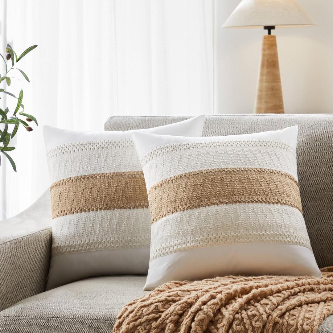 Soft Cotton Boho Throw Pillow Covers Set of 2, Natural White/Contrast Brown 18x18 Inch, Tan Farmhouse Decorative Cushion Covers for Sofa Bed Living Room Home Decor