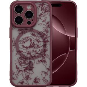 XIZYO Magnetic Case for iPhone 15 Pro Max, Floral Flower Cute Aesthetic Case [Compatible with Magsafe] for Women Girls Rose Pattern Slim TPU Bumper Shockproof Protective Cover, Branch Rose/Wine Red