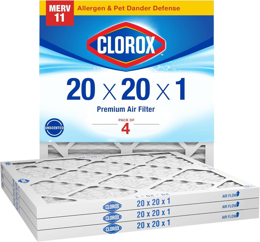 Clorox 20x20x1 Air Filter, MERV 11 Pleated HVAC AC Furnace Air Filters, MPR 1000 & FPR 7  Pack of 4