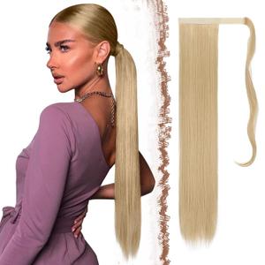 FESHFEN Ponytail Extensions - 24 Inch Long Straight Ash Blonde Wrap Around Synthetic Ponytails Hair Piece Pony Tail Hair Extensions Hairpieces for Women