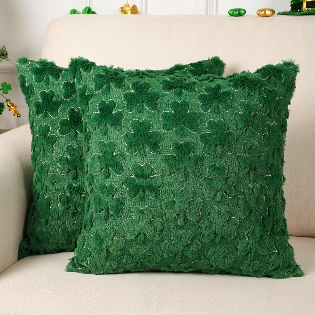 Vermeyen St Patricks Day Pillow Covers 18 x 18 inch Set of 2 3D Embroidered Shamrock Pillow Soft Plush Faux Fur St Patricks Day Decorations for SOFE Bedding Holiday