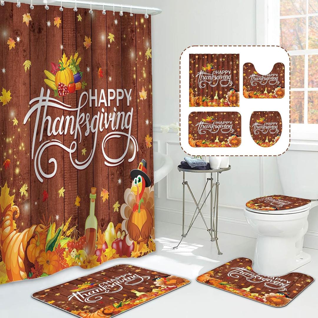 MEHOFOND 4pcs Happy Thanksgiving Turkey Shower Curtain Set,Rustic Wood Pumpkin Fall Autumn Harvest Shower Curtain Sets,Fall Bathroom Bathtub Decor with Non-Slip Rugs Toilet Lid Cover and Bath Mat (Orange1)