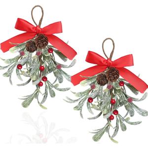 2 Pack Christmas Artificial Mistletoe Ornament with Red Bow Snowy Red Berries Christmas Hanging Mistletoe Decorations Bouquet Floral Natural Pine Cones Holiday Decoration Ornament Bouquet