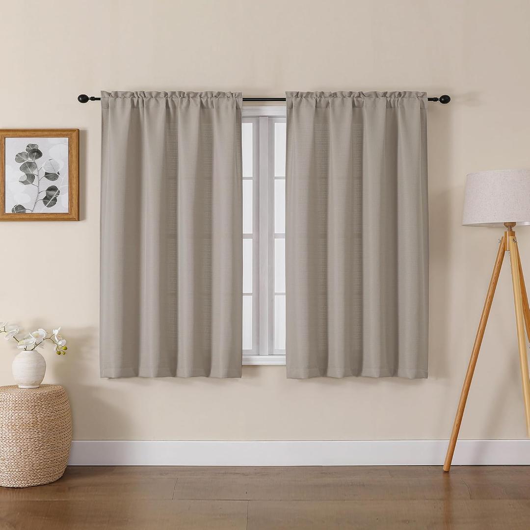 Lecloud Bessie Stone Short Curtains 45 Inch Length 2 Panels, Faux Linen Light Filtering Curtains with Dual Rod Pocket, Farmhouse Small Window Curtain for Bedroom Living Room, Each 30 W x 45 L