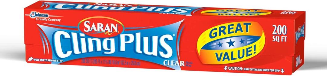 Saran Cling Plus Clear Plastic Wrap, Food Storage, Easy Dispense, 200 Sq Ft Roll