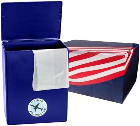 American Flag Themed TSA Approved Fly-Safe and Temporary Travel Cremation Urn Kit for Human Ashes - Airline and Mail Friendly - 200 Cubic Inch Capacity - Blue Plastic Urn with Patriotic Mailing Box