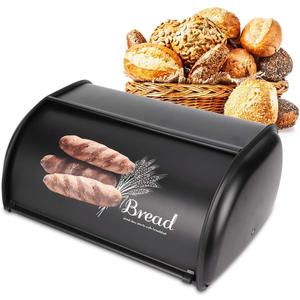 Bread Box, Large Capacity Stainless Steel Bread Holder Bin Container Bread Storage Box Kitchen Storage Organizer(Black)