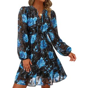 PRETTYGARDEN Women's Fall Boho Dresses 2026 Floral Long Sleeve V Neck Mini Flowy Wedding Guest Dress Trendy Vacation Outfits (Black, S)
