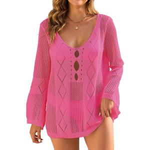 Womens Summer Crochet Swimsuit Coverup Sexy Crew Neck Long Sleeve Mesh Knit Bikini Cover Ups Beach Dresses 2026 (Pink, S)