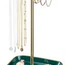 pickpiff Necklace Holder Stand with Ceramic Base: 12" Jewelry Tree Display Organizer for Necklaces, Bracelets, Rings, Earrings, Tall Gold and Green Stand for Women, Aesthetic Room Dcor