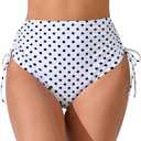 JOYBIK Women's High Waisted Full Coverage Bikini Bottoms Tummy Control Adjustable Drawstring Swim Bottoms White Polka Dot 2XL