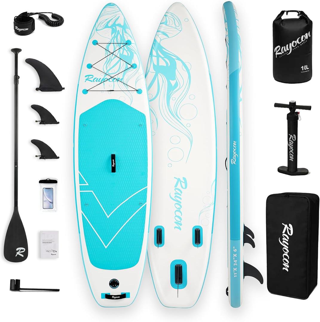 Inflatable Stand Up Paddle Board 11' x 34" Extra Wide SUP, Ultra-Stable for Adults & Dog, 450lbs, Dual Chamber Pump, Fiberglass Paddle, Military Grade Dual Layer