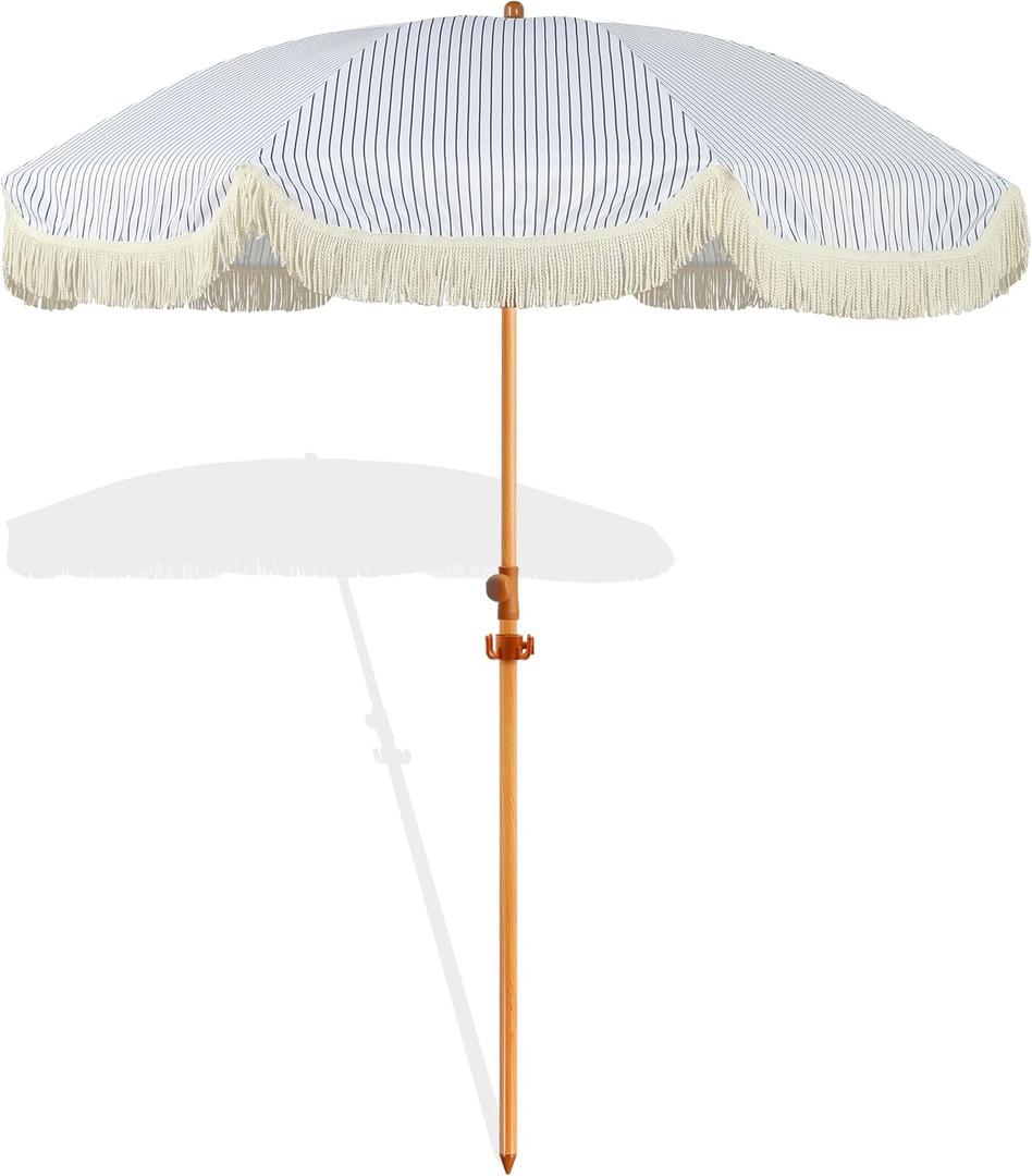 6.5ft Patio Umbrella with Fringe, Beach Umbrella, Fringe Umbrella Outdoor Patio with Hanging Hook, Tilting Aluminum Pole, UV 50+, Fiberglass Ribs, Blue White Stripe
