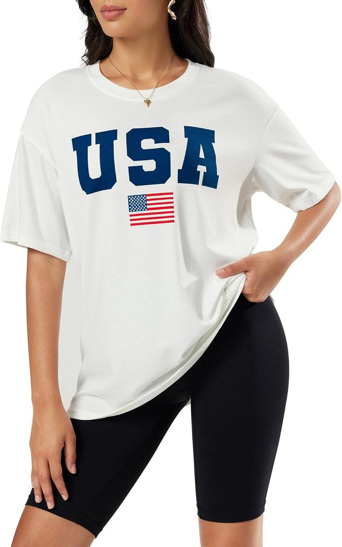 Womens Oversized Summer T Shirts Fashion Floral Graphic Tees Short Sleeve Beach Vacation Trendy Clothes 2025 (Large, Classic Usa Flag)