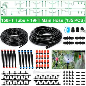 Bonviee 169FT Drip Irrigation System, Garden Watering System with 1/2"& 1/4" Tubing, Adjustable Drip Emitters and Barbed Fittings, Automatic Drip Irrigation Kit for Raised Garden, Greenhouse, Lawn