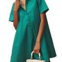 JEIBKOUY Women's Short Sleeve Swing Tunic Mini Dress Button Up Blouse Shirt Summer Loose Casual Flowy A Line Short Dresses Green L