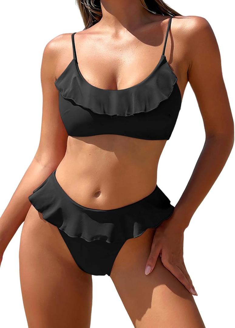 ZAFUL Ruffle Bikinis for Women Scoop Neck Swimsuits Lace Up Bikini Sets Padded Swimwear High Cut 2 Piece Bathing Suits (Small, Black)