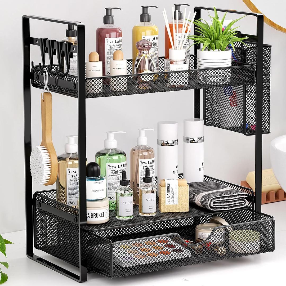 VITVITI 2 Tier Bathroom Organizer Countertop with Drawer, Metal Mesh Bathroom Counter Vanity Organizer Storage, Bath Room Sink Kitchen Spice Rack with Basket Hooks, Black