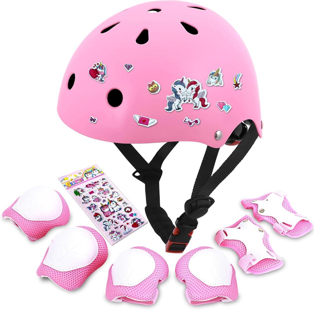 Kids Bike Helmet with DIY Stickers and Knee Pads Elbow Pads Wrist Guard Set for Ages 3-8-14 Toddler Boys Girls Helmet for Roller Skates Cycling Skateboarding Bicycle Scooter (Medium, Pink)