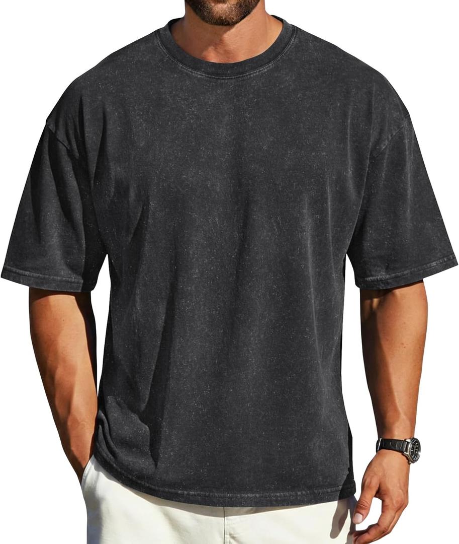 rosemia Oversized Tshirts for Men Vintage Short Sleeve Shirts Acid Wash Basic Tees (Black, S)