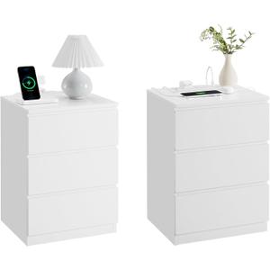 VASAGLE Nightstands with Charging Station, Set of 2, AC Outlets and USB Ports, Bedside Tables, Side Tables with 3 Drawers, Modern Style, 13.8 x 15.7 x 23.2 Inches, Cloud White ULET731W16