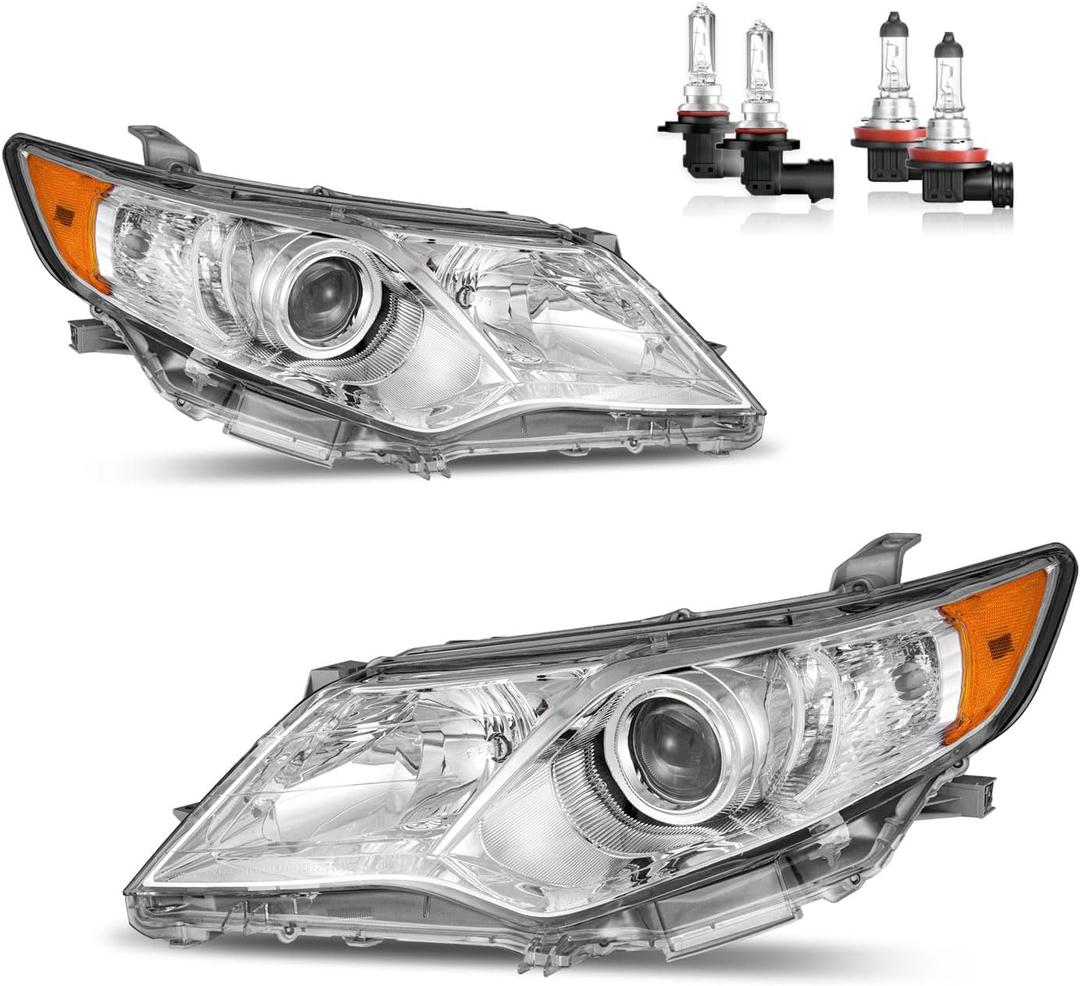 KarSpareHub Headlights for 2012 2013 2014 Toyota Camry L/Se/Le/Xle/Hybrid Headlamp Replacement Chrome Housing Amber Reflector Driver & Passenger Side