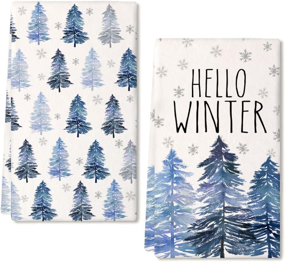Hello Winter Kitchen Towels Set of 2, Blue Tree Snowflake Dish Hand Towels Holiday Home Indoor Bathroom Party Seasonal Noel Decorations DD019