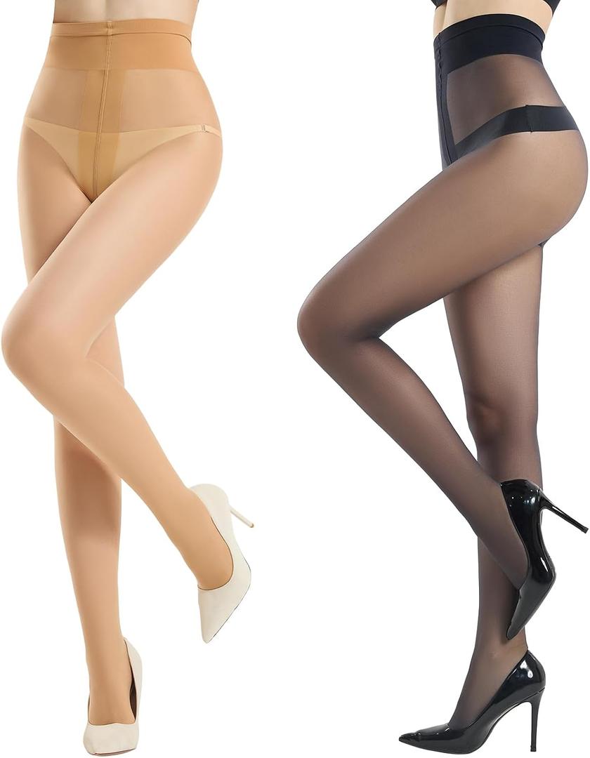 Yilanmy 2 Pairs Rip Resistant Sheer Tights T-Crotch Control Top Pantyhose for Women Reinforced Toe