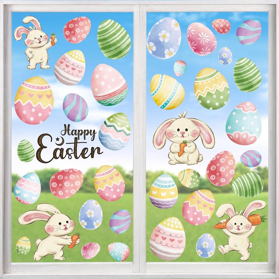 2 x 6 Sheets Happy Easter Window Clings, Double-Sided Reusable Oil Painting Bunny Eggs Window Decals for Glass, Mirror, Party Home Decor (Easter)