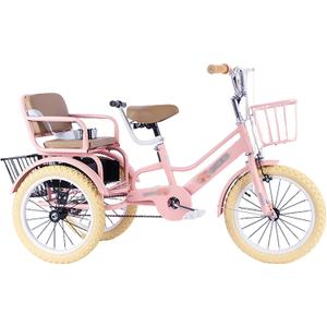 SRNSAEB Pink Gray Green Yellow 3-Wheel Bikes Carrying Passengers, Three Wheel Cruiser Bike Two-Seater Children Tricycle, Double Twins Toy Bicycle with Adjustable Height Seats & Handle(Pink,18in)