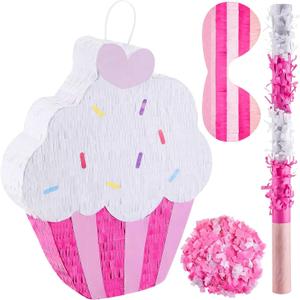 Sosation 15.7" Cupcake Piata for Birthday Party Supplies with Stick, Blindfold and Confetti for Kids Girls Baby Shower Candy Donut Ice Cream Piata Party Supplies Party Decoration Prop(Cute)