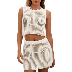 Fisoew Womens 2 Piece Crochet Sets Sleeveless Crop Tops Cover Up Beach Mini Skirt Outfits Vacation Sets