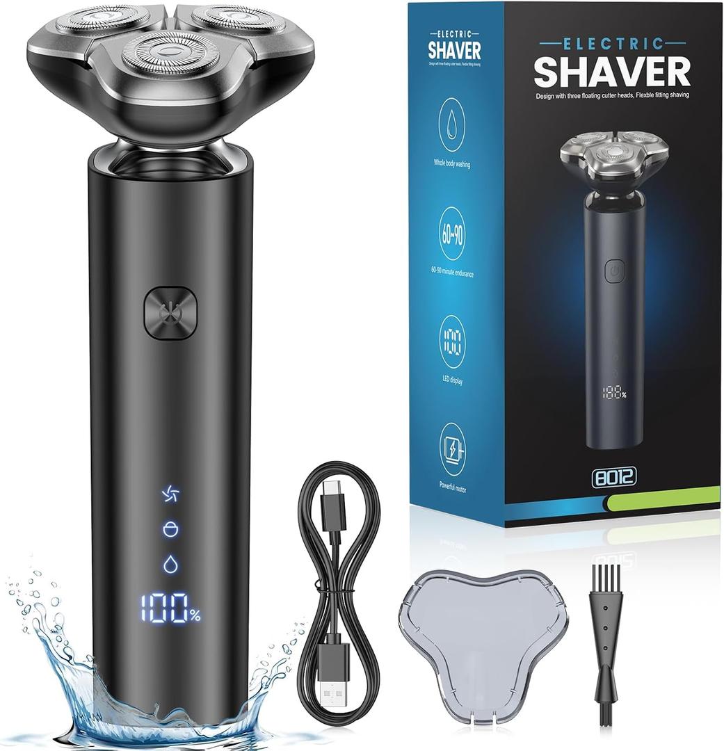 Electric Razor for Men, Men's Electric Shaver, 3-Blade Rotary Shaving System, Touch Switch, Type-C Fast Charging, LED Display, Travel Lock, 90+ Minutes Run Time (Inky)