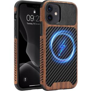 Magnetic Case Compatible with iPhone 11 Case [Compatible with MagSafe] Wood and Leather Carbon Fiber Design Hybrid Shockproof Phone Case (Black)
