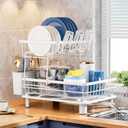 GAOKASE Dish Drying Rack, Stainless Steel-Dish Rack, Dish Racks for Kitchen Counter, Kitchen Dish Drainers with Removable Utensil Holder, New Drain Outlet, Plate Rack and Drainboard (White 3)
