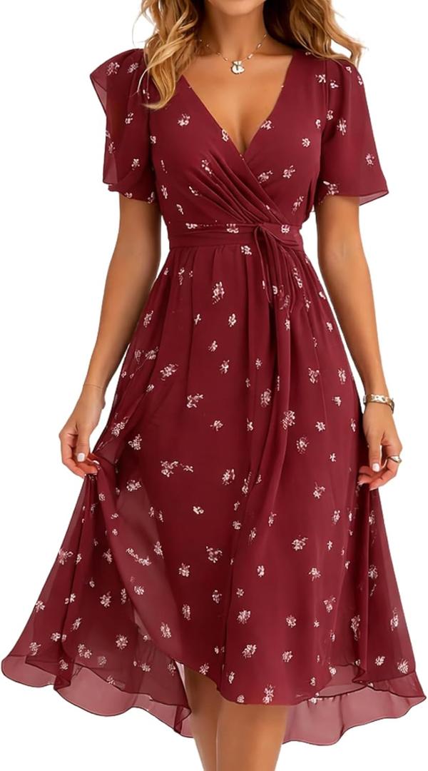 Summer Dresses for Women 2026 Floral Chiffon Dress Casual Short Sleeve Empire Waist Midi Dress Beach Vacation Outfits (Red)