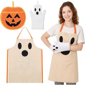 3 Pcs Halloween Ghost Apron Set, Waterproof Ghost Apron, Pumpkin Pot Holders Ghosts Oven Mitts Halloween Kitchen Utensils for Home Cooking, Baking, BBQ, Gardening