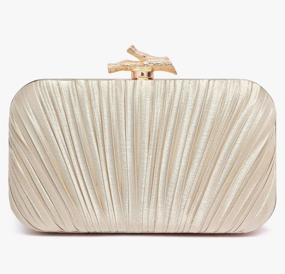 Women Evening Bag Clutch Purse, Pleated Satin Seashell Evening Clutch for Wedding Party Cocktail Prom Dinner with Pearl Chain